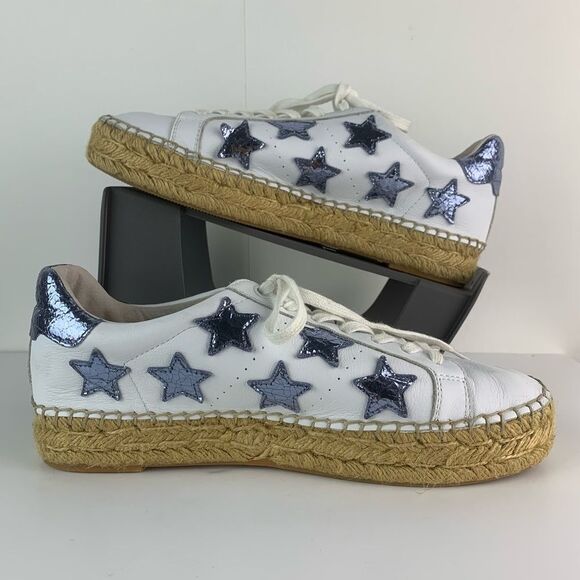 Marc Fisher LTD White Leather Marcia Blue Iridescent Star Espadrille Sneakers 8 - Picture 1 of 9
